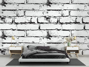 Black and white distressed brick wall mural, industrial faux brick wallpaper for modern bedroom decor.