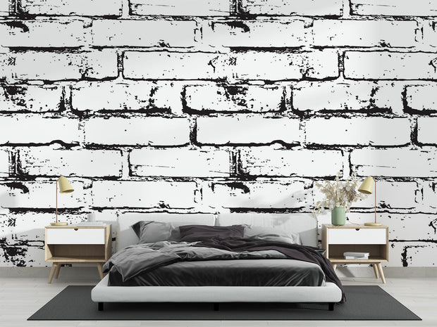 Black and white distressed brick wall mural, industrial faux brick wallpaper for modern bedroom decor.