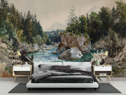 Vintage watercolor wall mural featuring a scenic river winding through rocky terrain and pine forest, with distant mountains in the background.