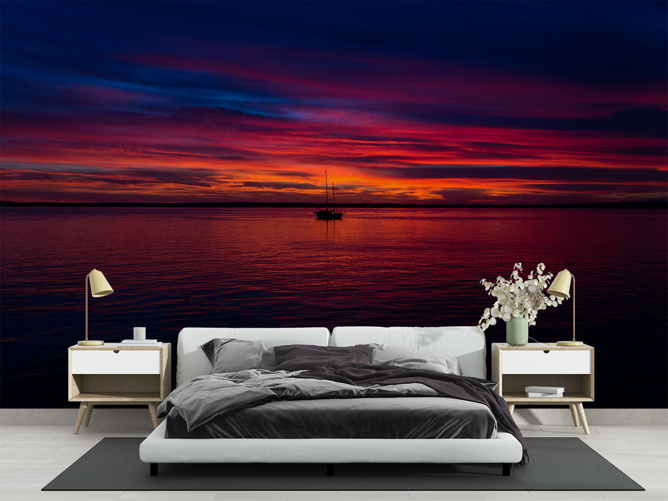 Sunset Over the Ocean Wall Mural – Stunning Seascape Wallpaper Featuring a Sailboat Silhouette, Deep Twilight Sky, and Serene Ocean Waters for Relaxing Interiors.
