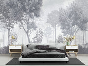 Monochrome forest wall mural with misty trees, grayscale nature wallpaper for elegant interiors.