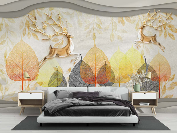 Golden Deer & Autumn Leaves Wall Mural – Elegant Nature-Inspired Wallpaper with Floral Antler Deer and Warm Autumn Hues for Luxury Interiors.