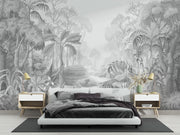 Monochrome Jungle Wall Mural featuring lush grayscale tropical foliage with intricate details, perfect for a calming modern space.