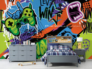 Graffiti-style gaming wall mural featuring bold graphics, colorful game controllers, energetic text like "Level Win" and "Fun," perfect for a modern game room.