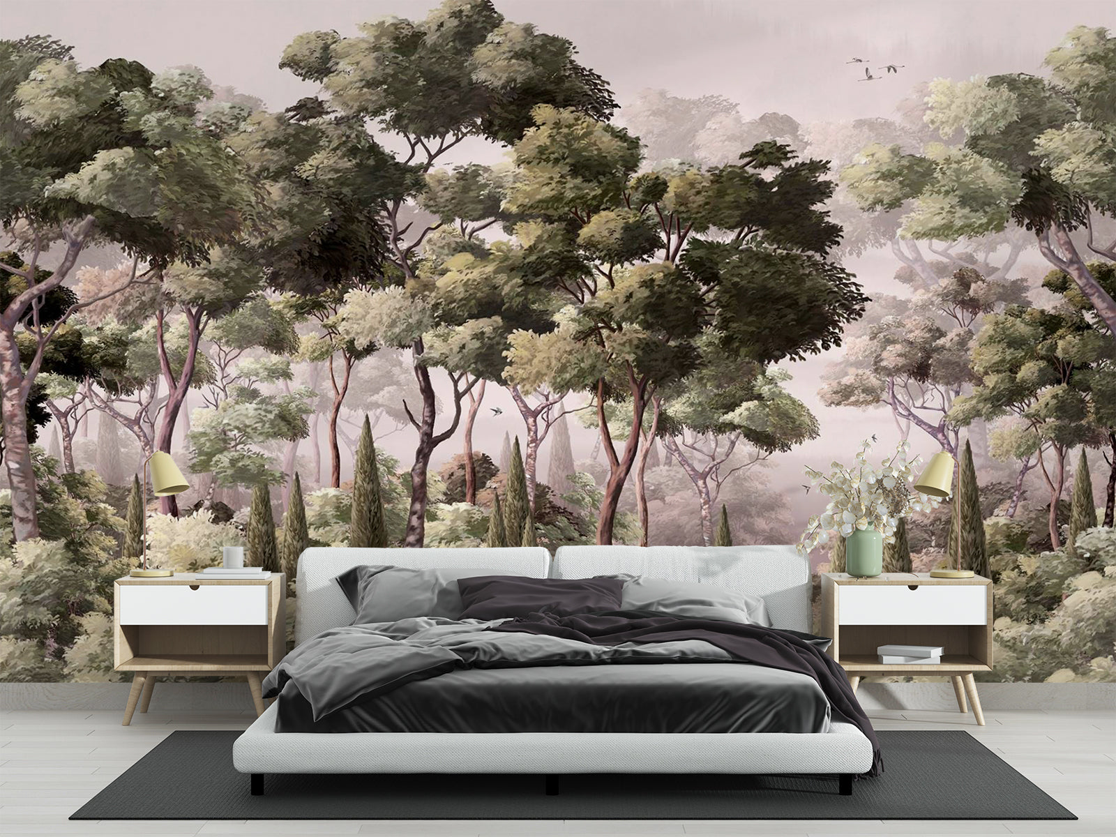 Serene Woodland Wall Mural depicting a lush forest with misty trees in soft green tones, perfect for creating a tranquil bedroom atmosphere.