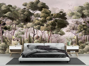 Serene Woodland Wall Mural depicting a lush forest with misty trees in soft green tones, perfect for creating a tranquil bedroom atmosphere.