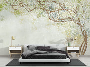 Elegant Blossom Wall Mural showcasing delicate floral branches with white blooms and a soft green gradient background, ideal for bedroom decor.
