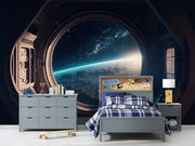 Spaceship Window Wallpaper Mural decorating a kids bedroom.