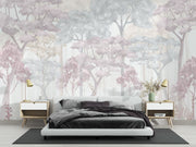 Soft Watercolor Forest Wall Mural with pastel trees in muted tones, creating a serene and dreamy natural atmosphere.