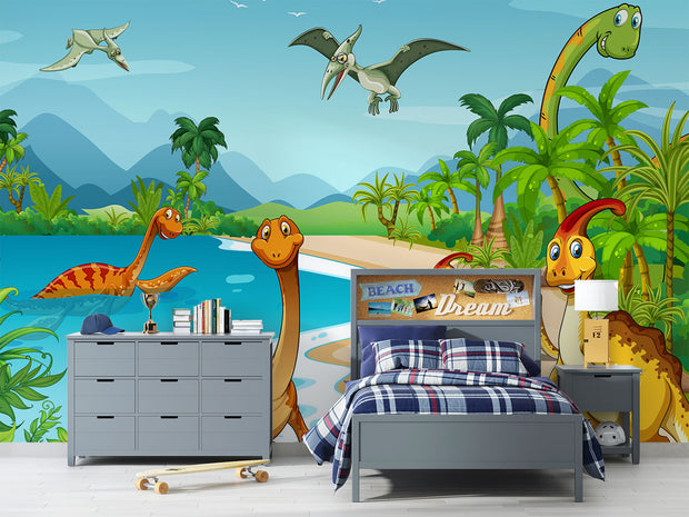 Colorful dinosaur adventure wall mural featuring friendly prehistoric dinosaurs, tropical landscapes, and a bright blue sky, perfect for kid's bedrooms and playrooms.