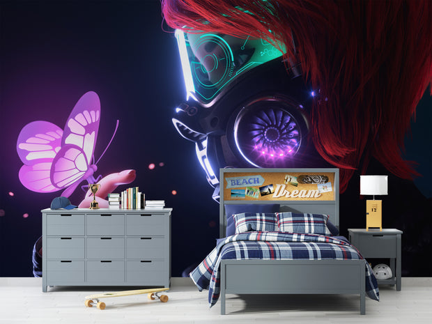 Modern bedroom with a futuristic helmet wall mural, colorful bedding, and nightstands.