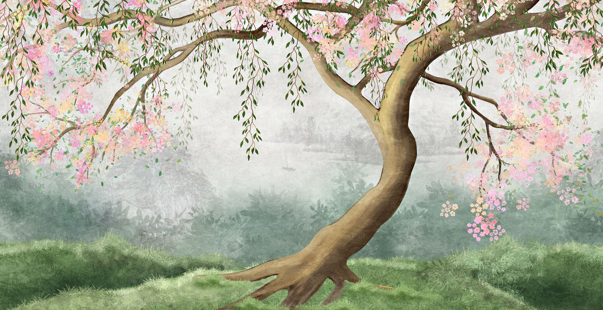 Elegant blooming tree mural with pastel flowers, flowing branches, and a dreamy misty background, perfect for nature-inspired interior decor.