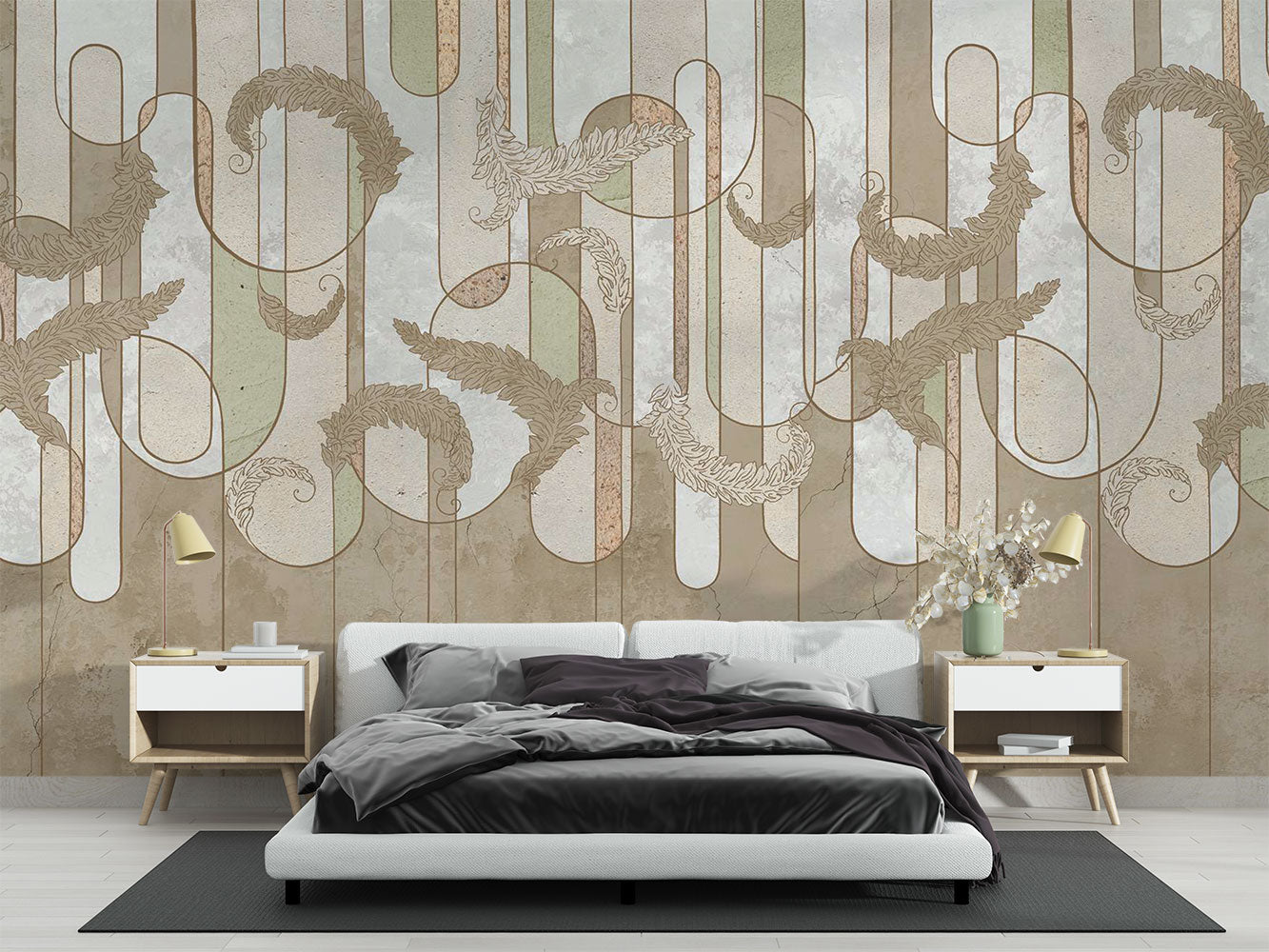 Earthy botanical line art wall mural featuring soft beige, sage green, taupe, and brown tones with intricate botanical swirls and geometric accents.