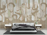 Earthy botanical line art wall mural featuring soft beige, sage green, taupe, and brown tones with intricate botanical swirls and geometric accents.