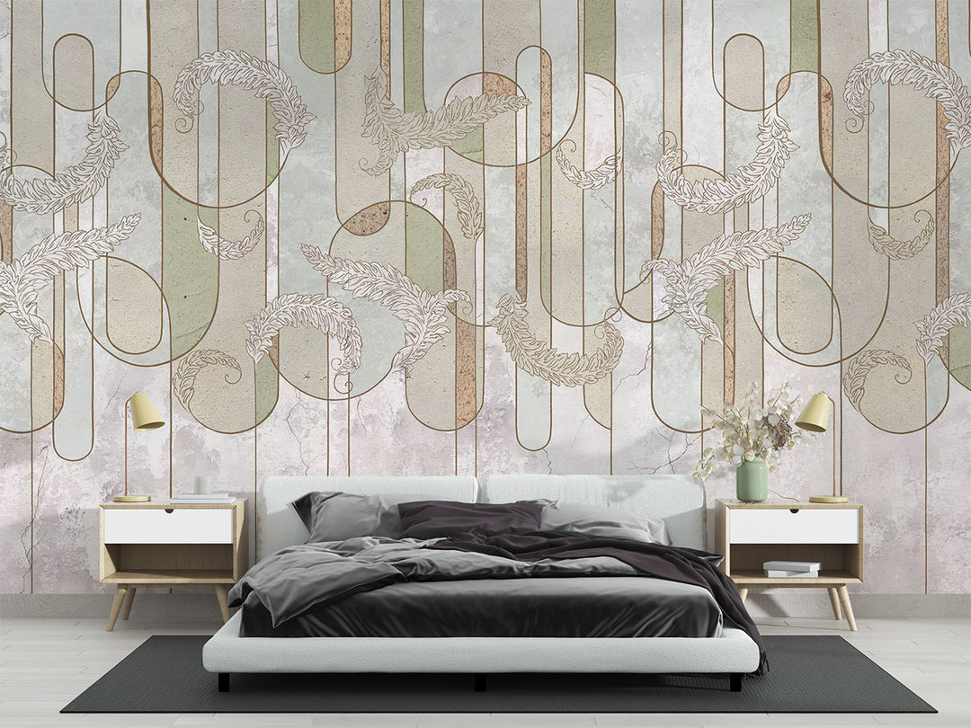 Elegant abstract line art wall mural with soft sage green, beige, and gold botanical-inspired details, ideal for modern and minimalist interior decor.