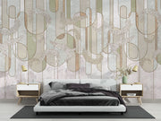 Elegant abstract line art wall mural with soft sage green, beige, and gold botanical-inspired details, ideal for modern and minimalist interior decor.