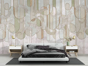 Elegant abstract line art wall mural with soft sage green, beige, and gold botanical-inspired details, ideal for modern and minimalist interior decor.