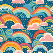 Bold and colorful rainbow wall mural with pink clouds and blue background.