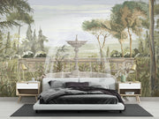 Vintage Fountain Wall Mural – Tropical Botanical Wallpaper with Green Leaves and Nature-Inspired Design