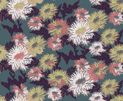 Vintage floral bloom wall mural with large hand-drawn flowers in deep green, blush, and mustard tones, creating a bold and elegant room atmosphere.