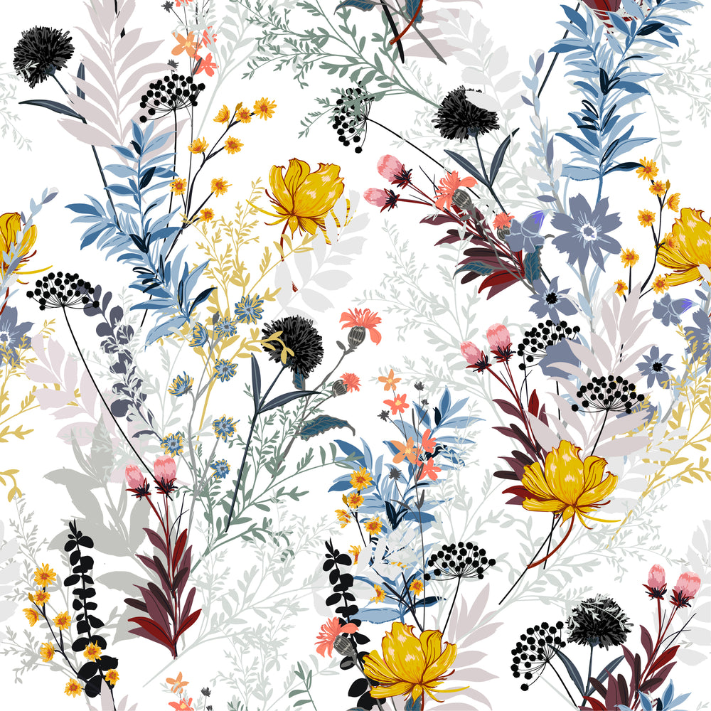 Pattern of colorful flowers and leaves on a white background
