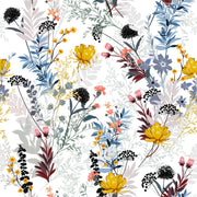 Pattern of colorful flowers and leaves on a white background