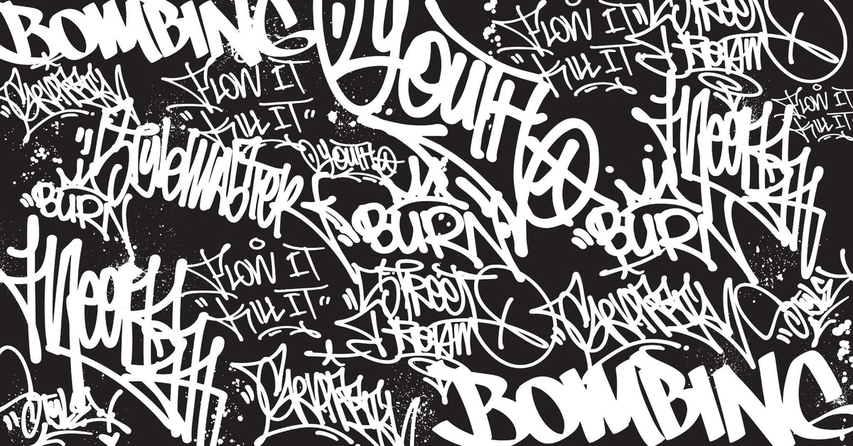 Black and white urban graffiti wall mural with bold typography, perfect for modern home or office decor.