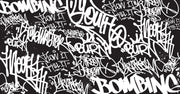 Black and white urban graffiti wall mural with bold typography, perfect for modern home or office decor.