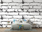 Black and white distressed brick wall mural, industrial faux brick wallpaper for modern bedroom decor.