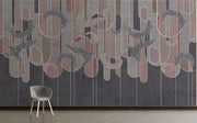 Dark botanical line art wall mural with charcoal grey, deep red, and taupe geometric elements, featuring intricate white botanical detailing.