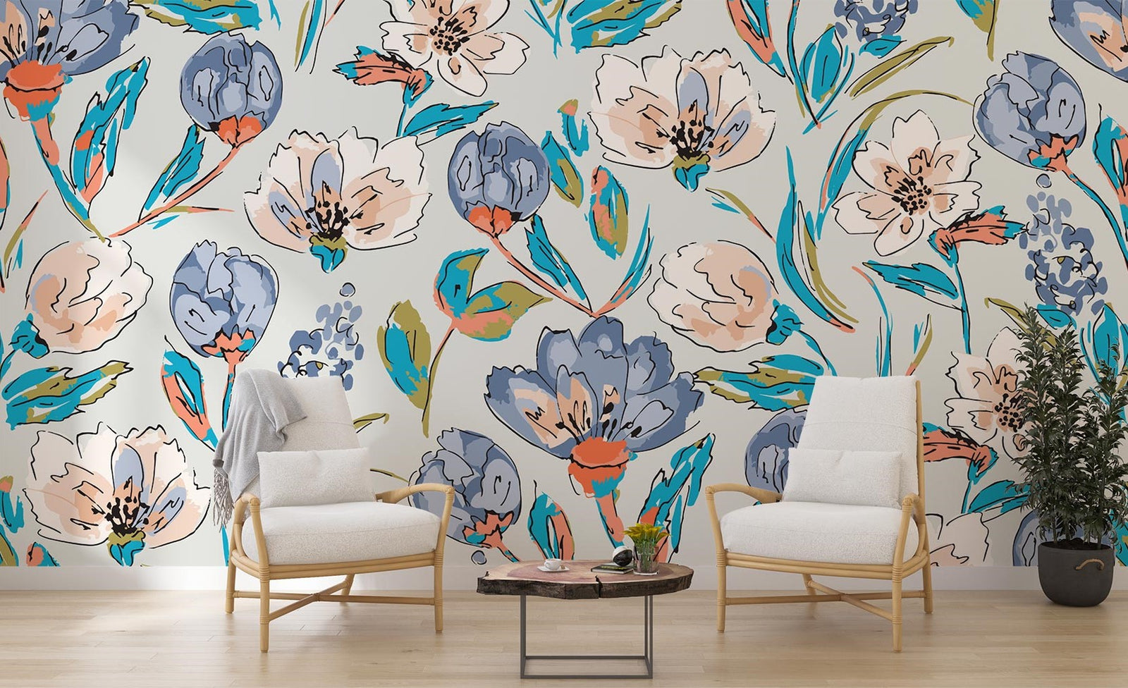 Modern artistic floral wall mural with bold blue, coral, and green flowers, styled in a bright living space with light wood furniture.