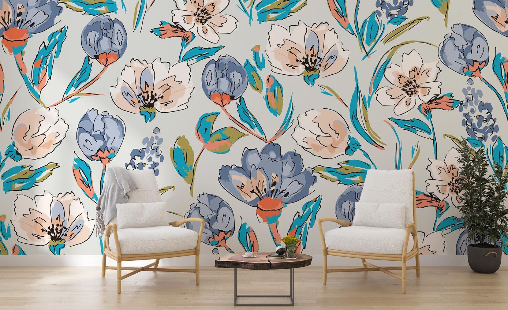 Modern artistic floral wall mural with bold blue, coral, and green flowers, styled in a bright living space with light wood furniture.