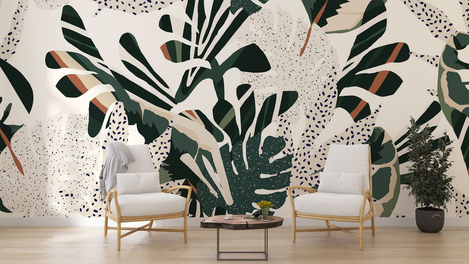 Lush foliage wall mural with bold green, beige, and rust botanical patterns and abstract dotted accents.