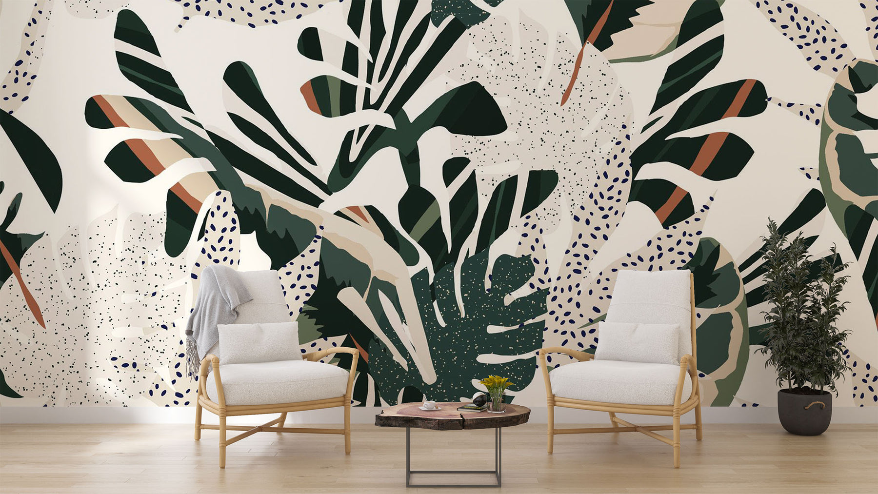 Lush foliage wall mural with bold green, beige, and rust botanical patterns and abstract dotted accents.