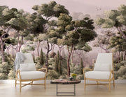 Serene Woodland Wall Mural depicting a lush forest with misty trees in soft green tones, perfect for creating a tranquil bedroom atmosphere.