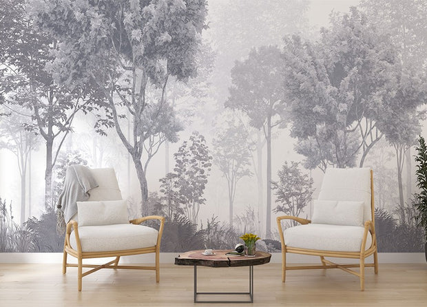 Monochrome forest wall mural with misty trees, grayscale nature wallpaper for elegant interiors.