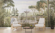 Vintage Fountain Wall Mural – Tropical Botanical Wallpaper with Green Leaves and Nature-Inspired Design