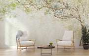 Elegant Blossom Wall Mural showcasing delicate floral branches with white blooms and a soft green gradient background, ideal for bedroom decor.