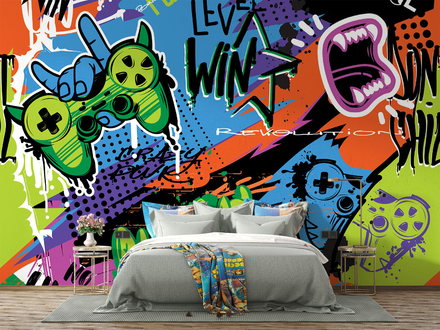 Graffiti-style gaming wall mural featuring bold graphics, colorful game controllers, energetic text like "Level Win" and "Fun," perfect for a modern game room.