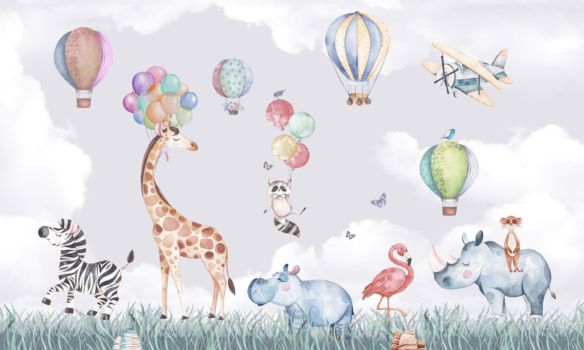 Safari-themed wall mural with watercolor animals, hot air balloons, and a pastel sky—ideal for nursery and kids' room décor.