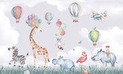 Safari-themed wall mural with watercolor animals, hot air balloons, and a pastel sky—ideal for nursery and kids' room décor.