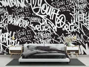 Black and white urban graffiti wall mural with bold typography, perfect for modern home or office decor.
