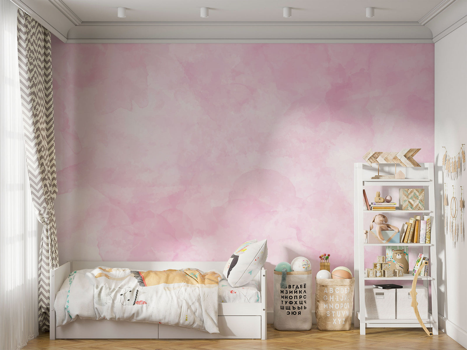 Blush Dreams soft pink watercolor wall mural in a modern kids' room with cozy bed and shelf decor.