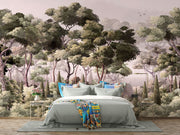 Serene Woodland Wall Mural depicting a lush forest with misty trees in soft green tones, perfect for creating a tranquil bedroom atmosphere.