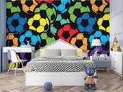 Bright multicolor soccer ball wall mural, decorating kid's bedroom.
