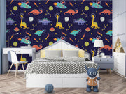 Space Dinosaurs Wall Mural featuring colorful astronaut dinosaurs, planets and stars; decorating kid's bedroom.