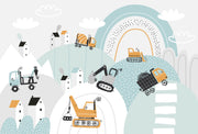 Construction site wall mural with trucks, diggers, and cranes in a pastel blue and orange theme, ideal for kids’ room decor.
