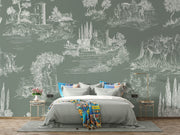 Timeless Toile Wall Mural featuring intricate pastoral illustrations on a muted green background, creating a vintage and elegant ambiance.