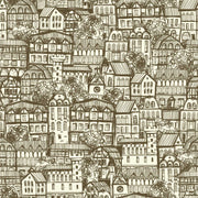 Sketch town wall mural featuring hand-drawn urban houses and rooftops, creating a nostalgic and artistic living room ambiance.