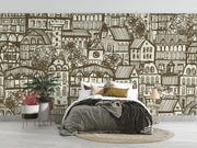 Sketch town wall mural featuring hand-drawn urban houses and rooftops, creating a nostalgic and artistic living room ambiance.